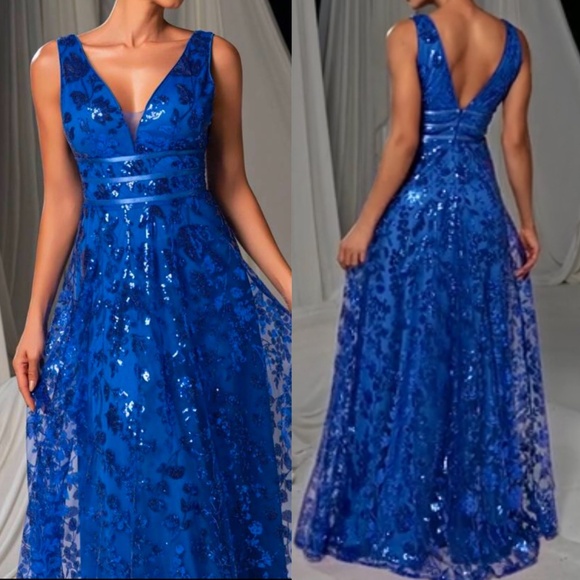 Luxe Floral Sequin Mesh Formal Black Tie Wedding Dress - Picture 2 of 9